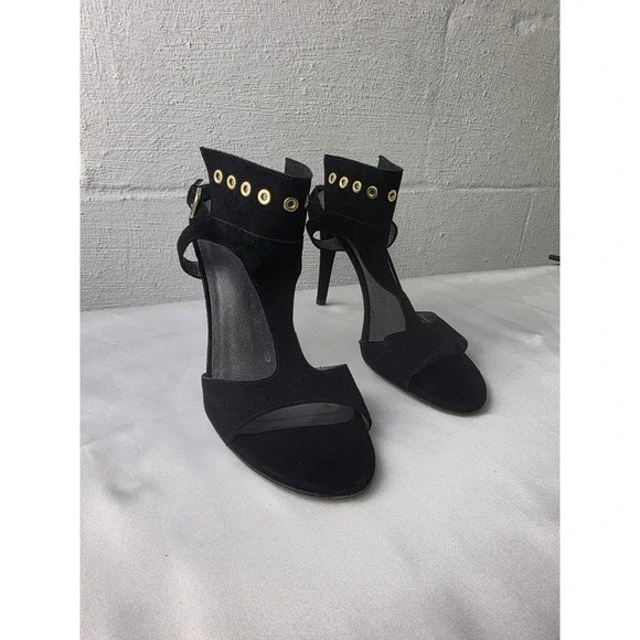 Stuart Weitzman Black Suede Frenchcuff Ankle Strap Stiletto Heels Sandals Sz 9.5